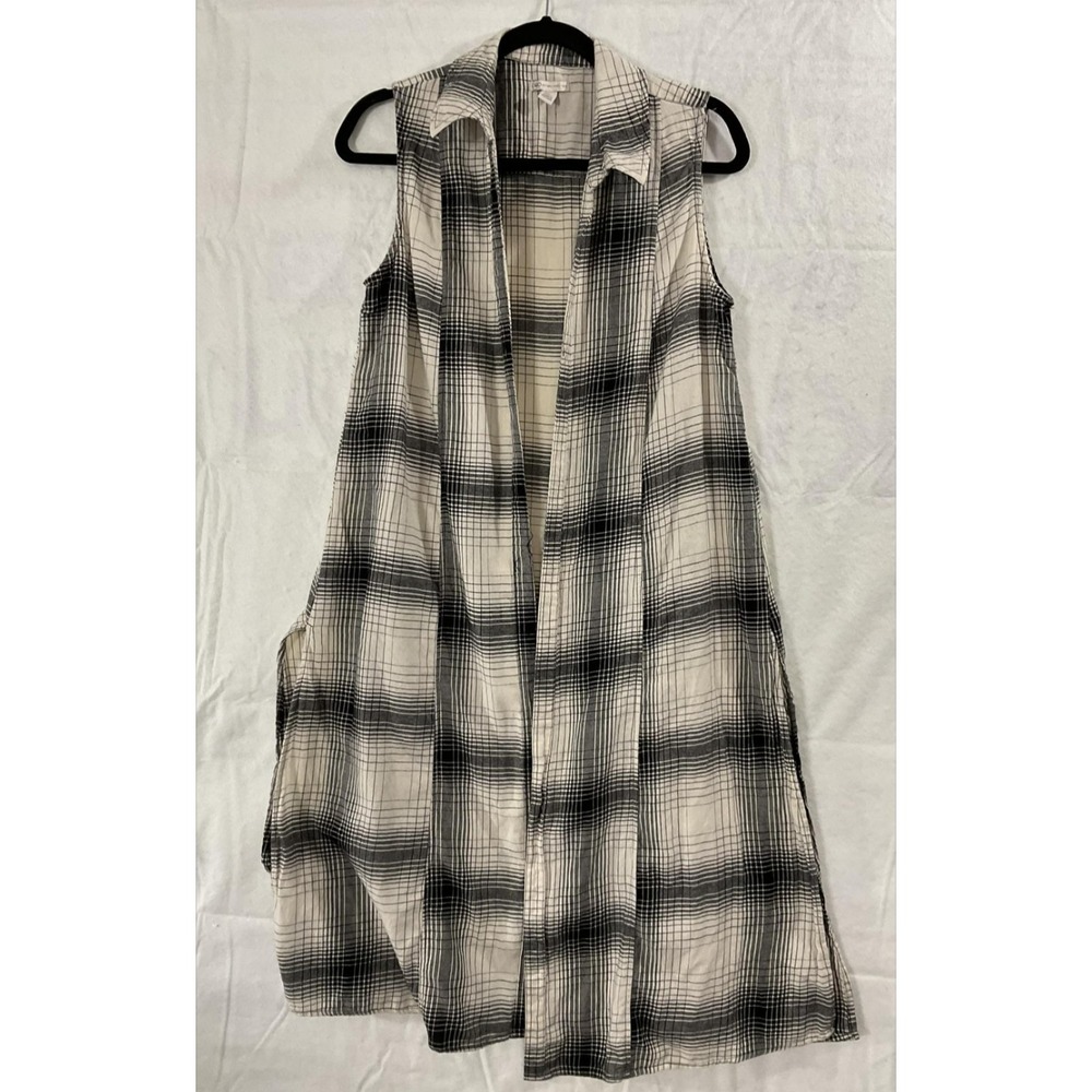 Cato Vest Womens Large White Black Plaid Long Open‎ Front Kimono Sleeveless